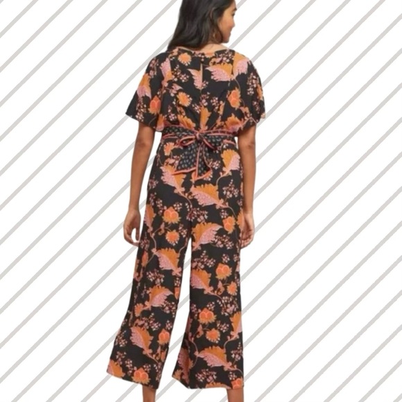 Maeve for Anthropologie Black w/ Orange & Coral Floral Belted Botanical Jumpsuit - Picture 2 of 7